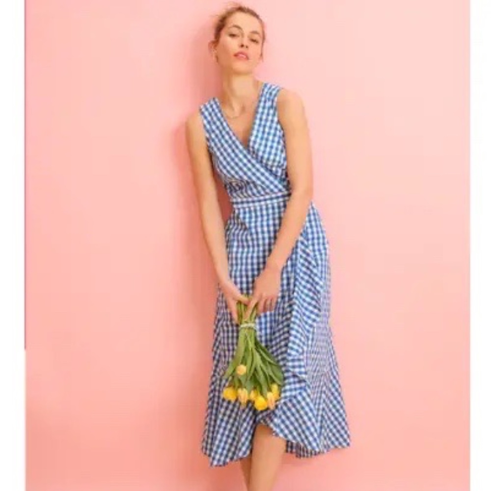 V-neck ruffle wrap maxi dress in cotton poplin blue plaid size 6